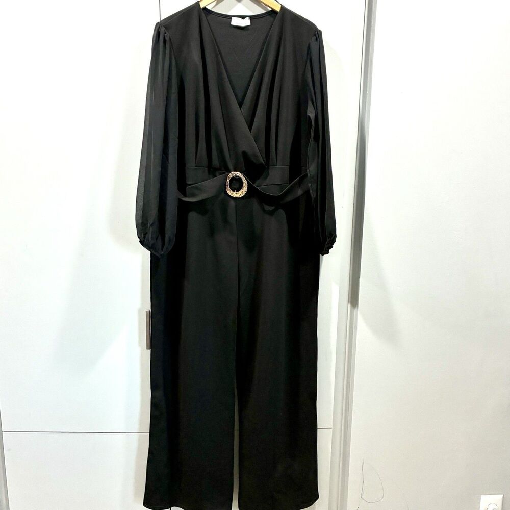 Black Wide Leg Jumpsuit Surplice V Neck Belted US 18 Illusion Sleeve Whimsygoth